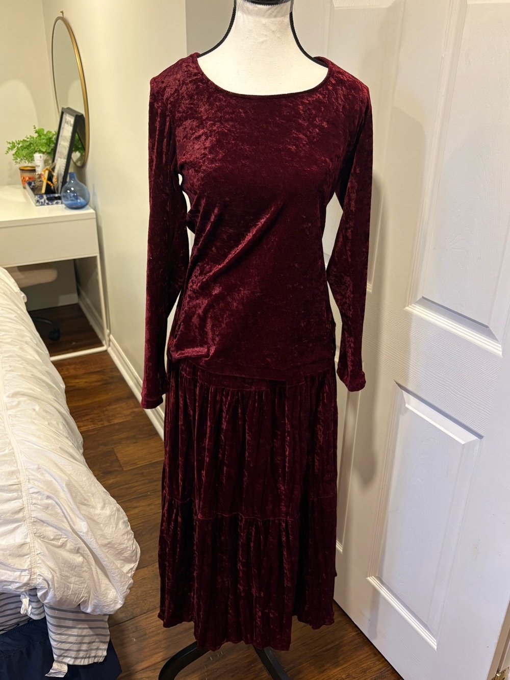 Vintage Two Roads Burgundy Crushed Velvet Maxi Skirt & Top Set